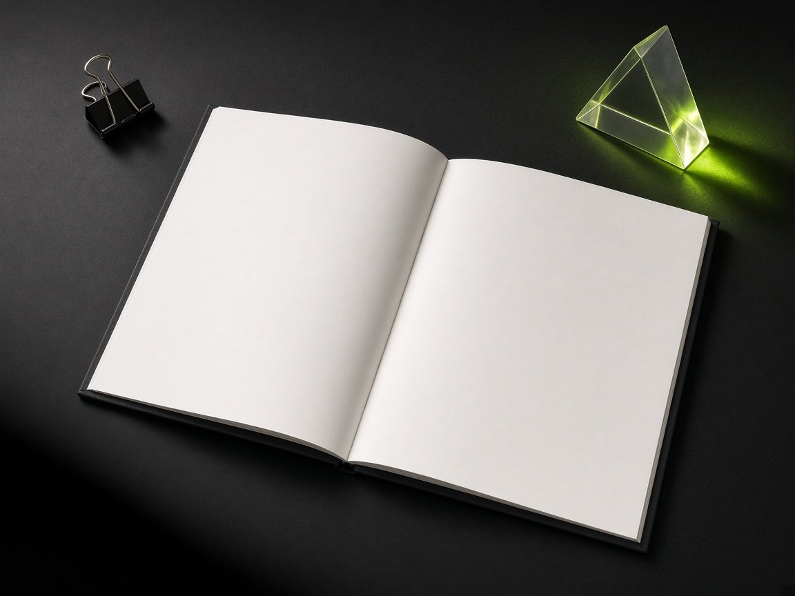 Open presentation folio and prism on a dark desk