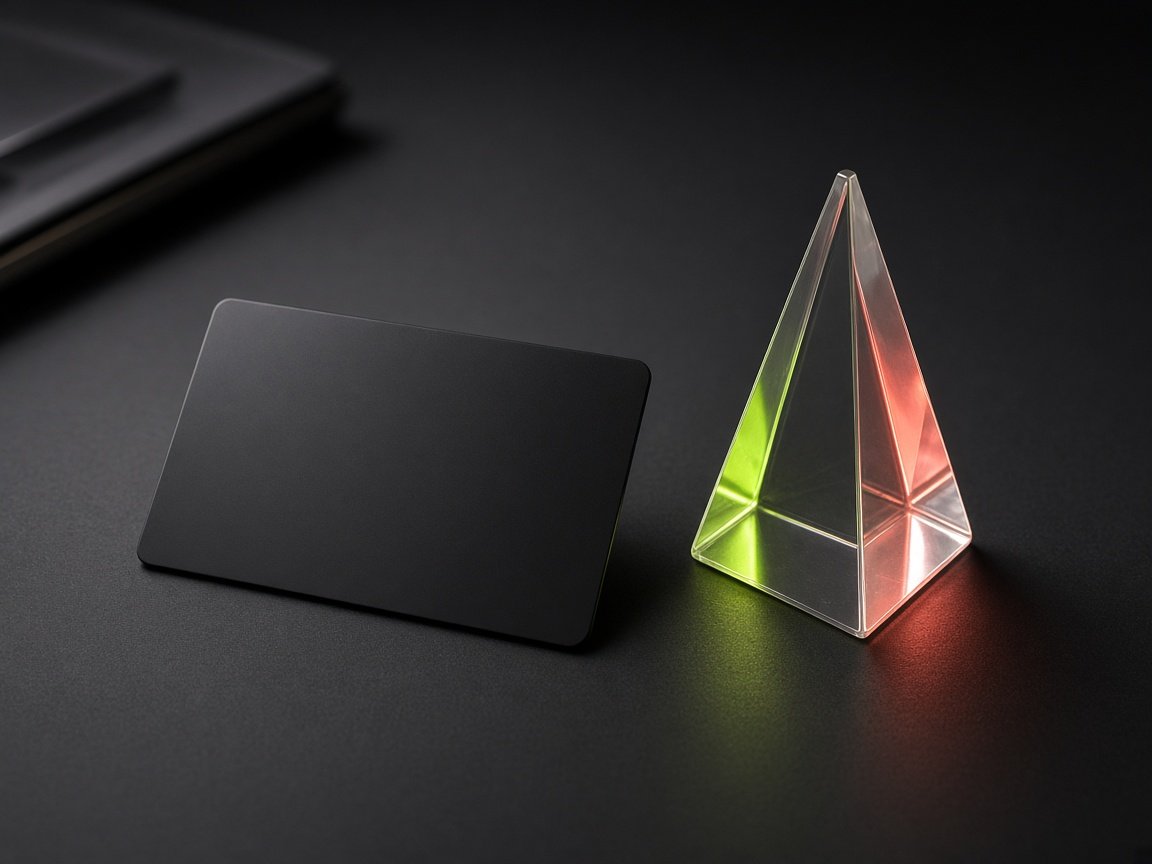 Blank access card beside a glowing acrylic prism